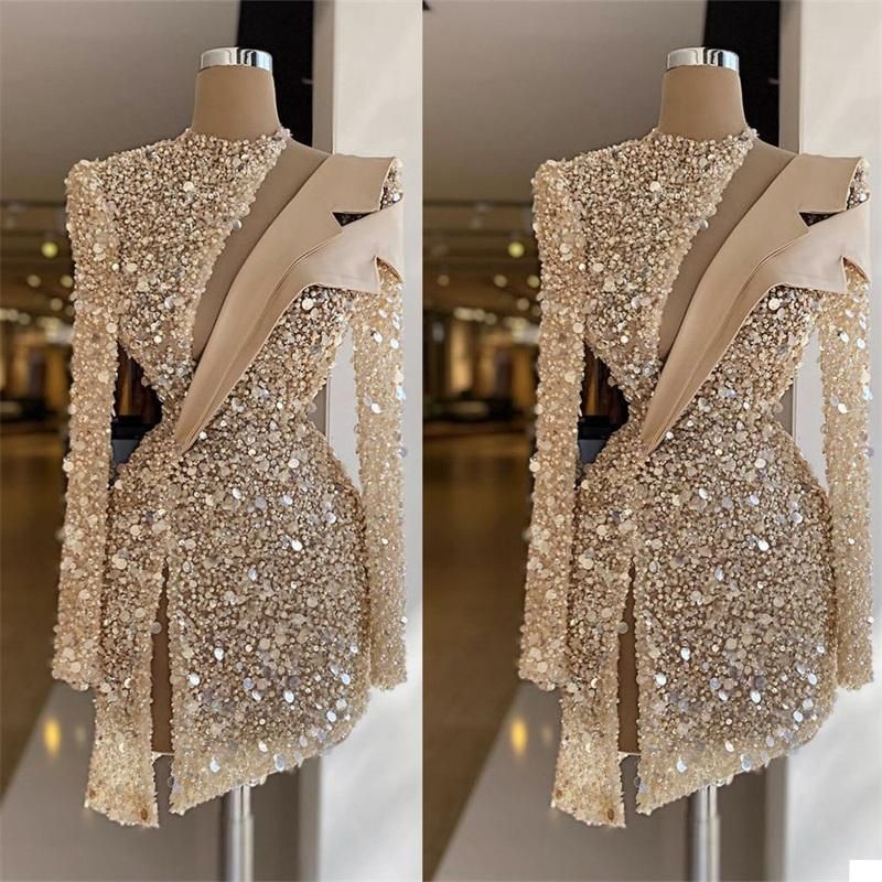 Champagne Evening Dresses Luxury Sequins Beads High Neck Long Sleeves Prom Dress Formal Party Gowns Custom Made Knee Length Robe de mariée