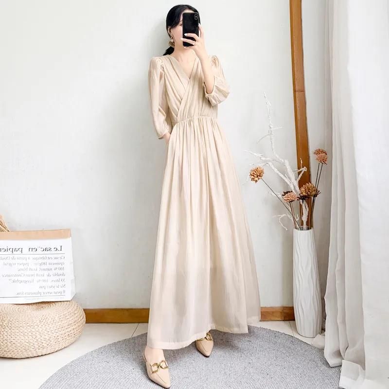 Compra Vestidos Casuales Otoño Vestido Largo Mujer Gala Elegante Noche  Fiesta Francés Sólido Pliegues V Cuello De Tres Cuartos De Manga Hembra  Barato | Entrega Rápida Y Calidad | Es.Dhgate