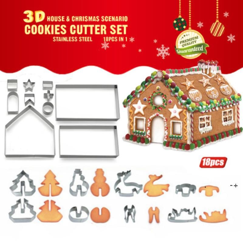 New 10pcs Bar 3D Gingerbread house Stainless Steel Christmas Scenario Cookie Cutters Set Biscuit Mold Fondant Cutter Baking Tool EWE10141