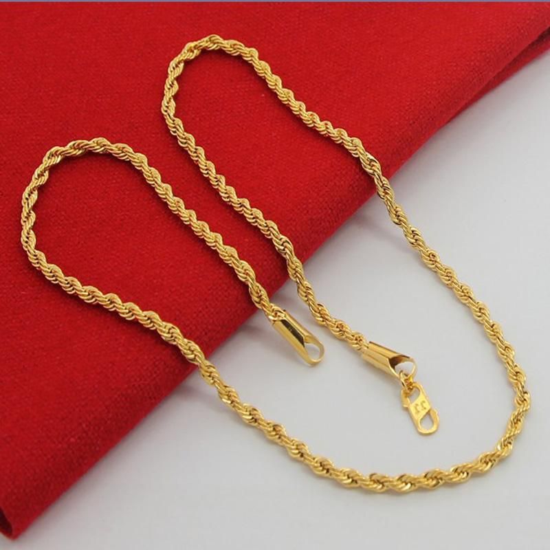 24K Pure Gold 3mm Rope Chain Necklace 