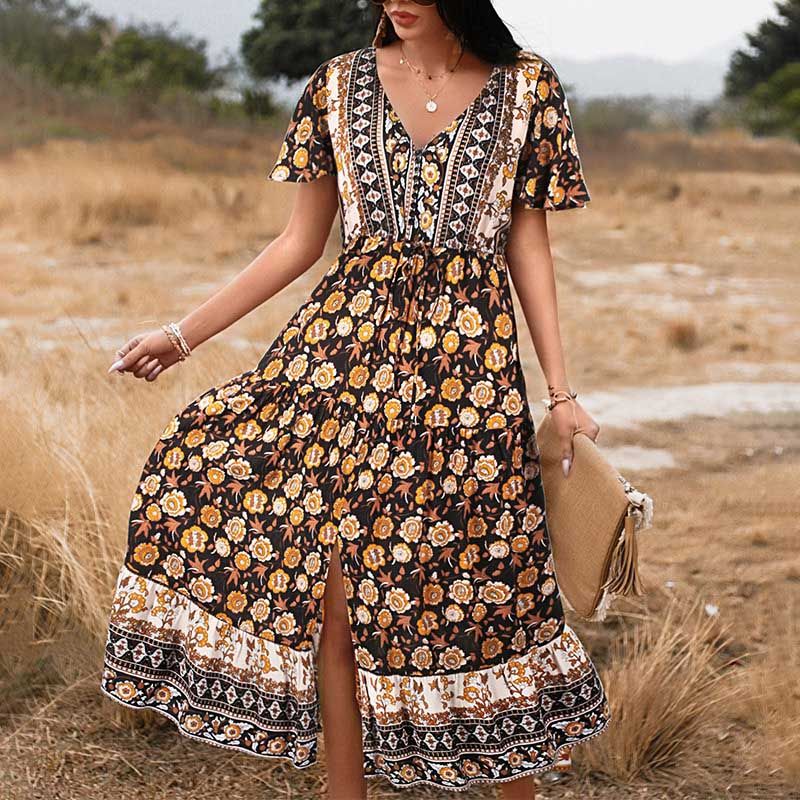 Compra Rancho Europeo De Vacaciones Estilo De Ocio Primavera / Verano 2021  Temperamento Elegante Péndulo Vestido Con Cuello En V Estampado Ropa De  Mujer Barato | Entrega Rápida Y Calidad | Es.Dhgate