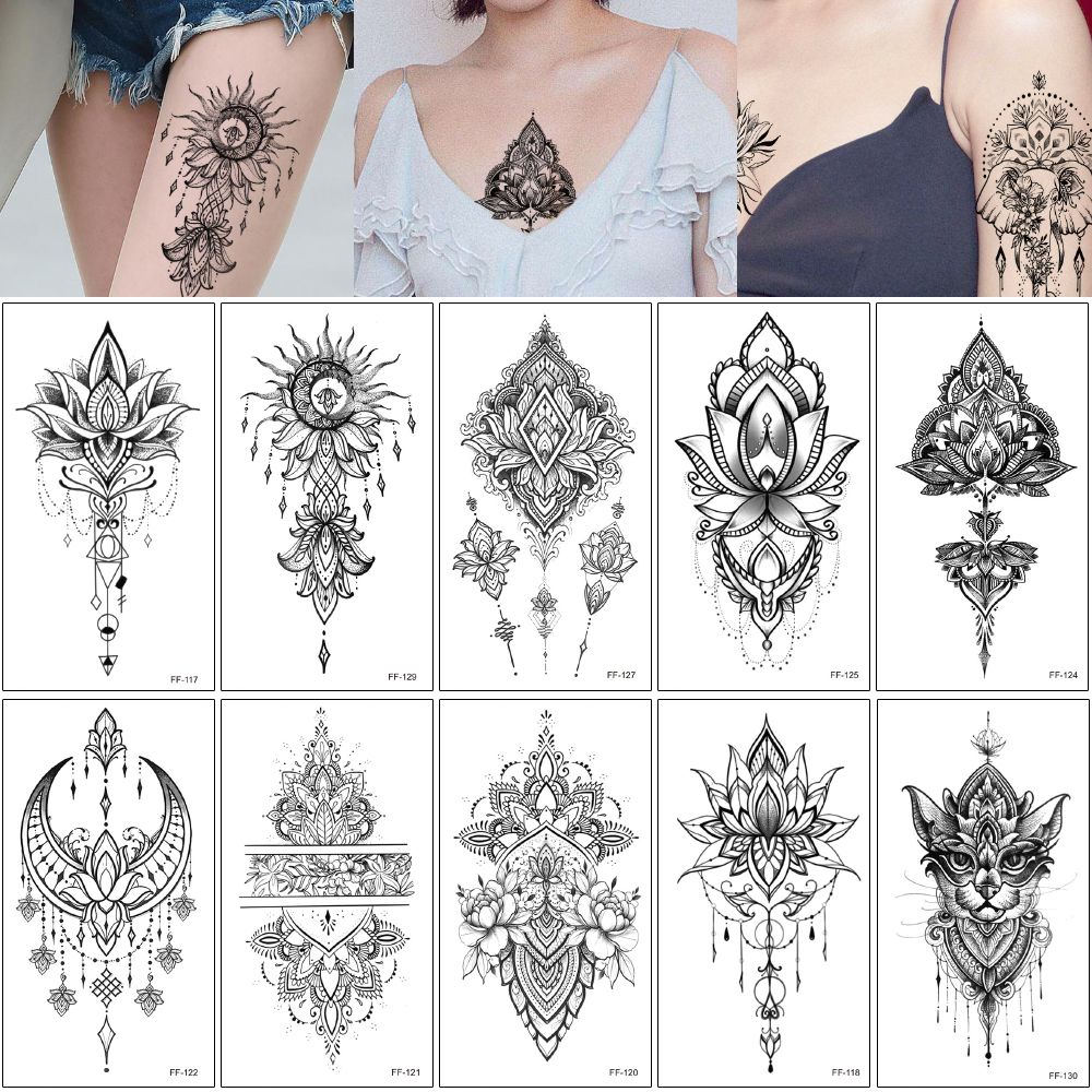 Woman Temporary Tattoo Sticker Chest Clavicle Arm Body Art Decal Fake Simple  Henna Flower Jewelry Necklace Neck Decor Moon Sun Design Water Transfer