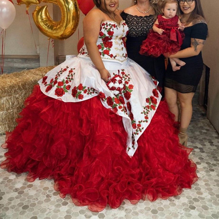 Stunning Red and White Plus size Quinceanera Prom Formal Dress 3D Floral  Flowers Charro Ball Gown