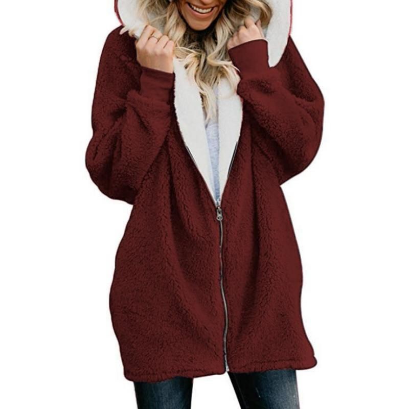 Kadın Kürk Faux Kadın Sonbahar Kış Sıcak Ceket Yumuşak Peluş Fermuar Kapşonlu Ceket Kadın Teddy Palto Palto Cep Rahat Dış Giyim