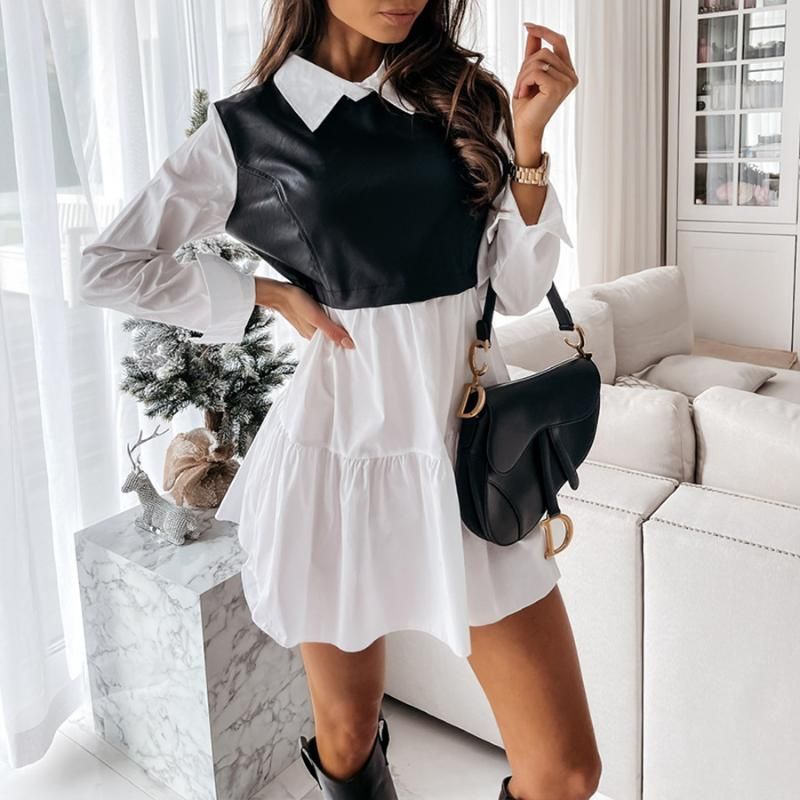 Compra Vestidos Informales Mujeres Faux Cuero Patchwork Vestido Camisa  Blanca 2021 Primavera Manga Larga Plaid Chic Chic Lady A Line Office  Vestidos Barato | Entrega Rápida Y Calidad | Es.Dhgate