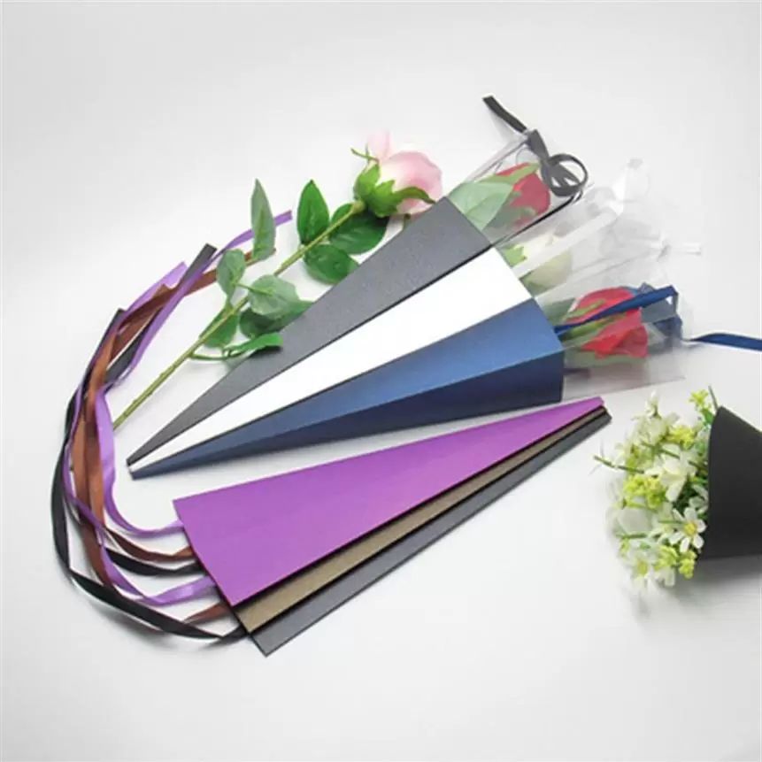 Single Rose Flower Cones Paper Wrap Package Sleeves Gift Box Holder Craft 