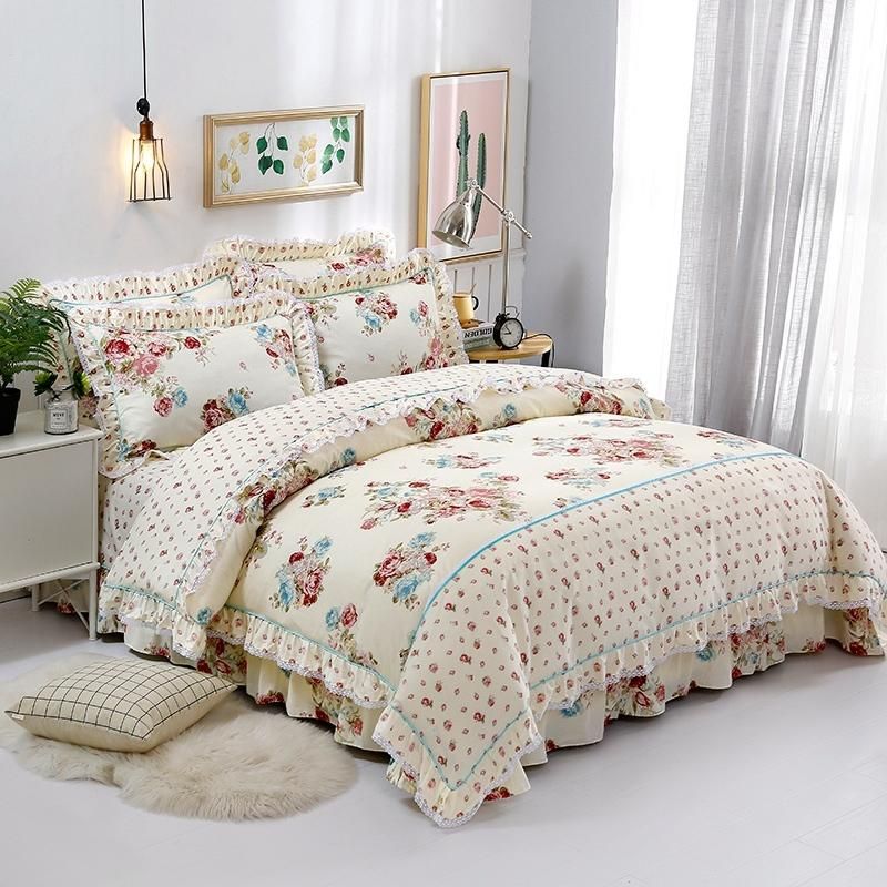 Conjuntos de ropa de cama 100% algodón elegante corea estilo conjunto floral volantes edredón