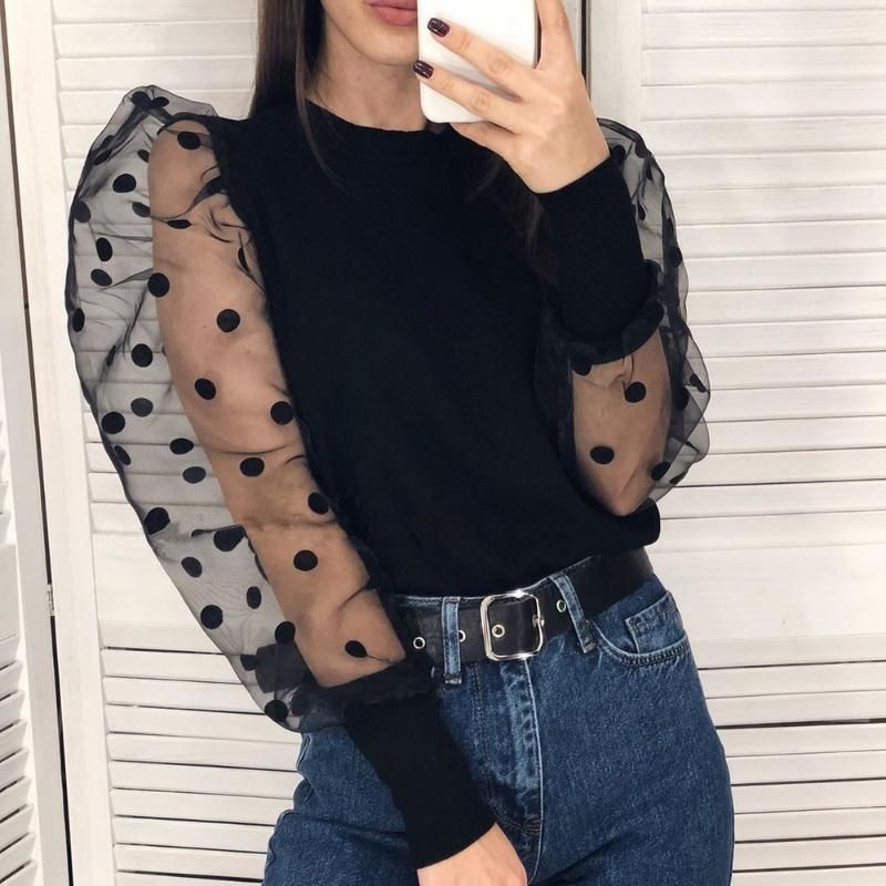 Compra Blusa De Malla Transparente De Moda 2021 Nuevo Elegante Delgado  Lunares De Lunares Tops De Manga Larga Camisa Turtimeneck Sexy Blusa Barato  | Entrega Rápida Y Calidad | Es.Dhgate