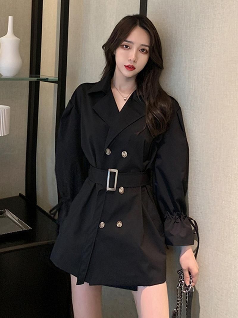 Женская траншея пальто Корейский стиль Пальто повседневные сплошные цвета тонкие свободные однобортные карманные регулируемые талии с длинными рукавами