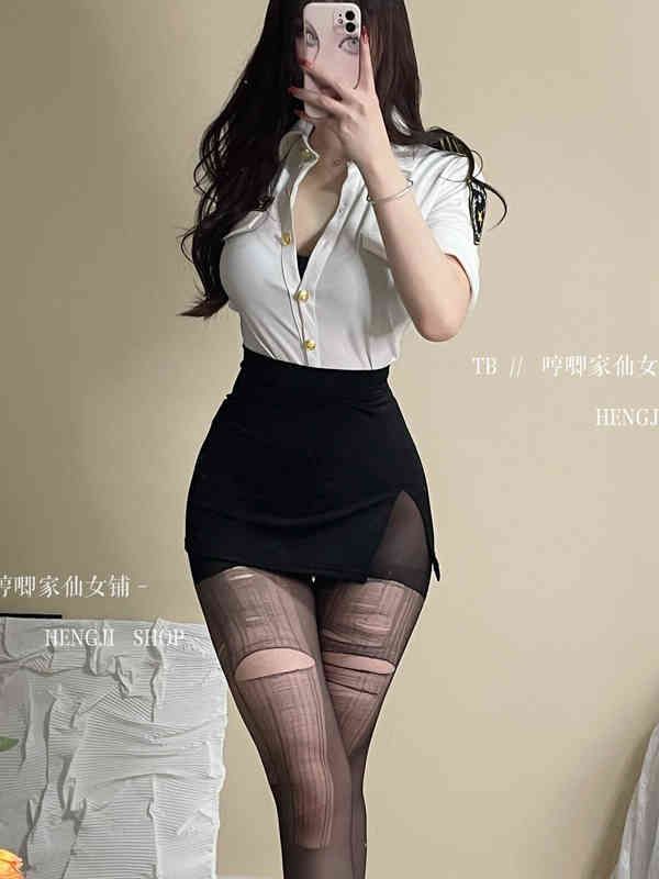 WOMENGAGA Cosplay Anime Uniform Maid Secretary Teacher Hot Sexy T Shrit  Mini Dress Slim Skinny Korean Women Tops 2022 Summer 8CD G220307
