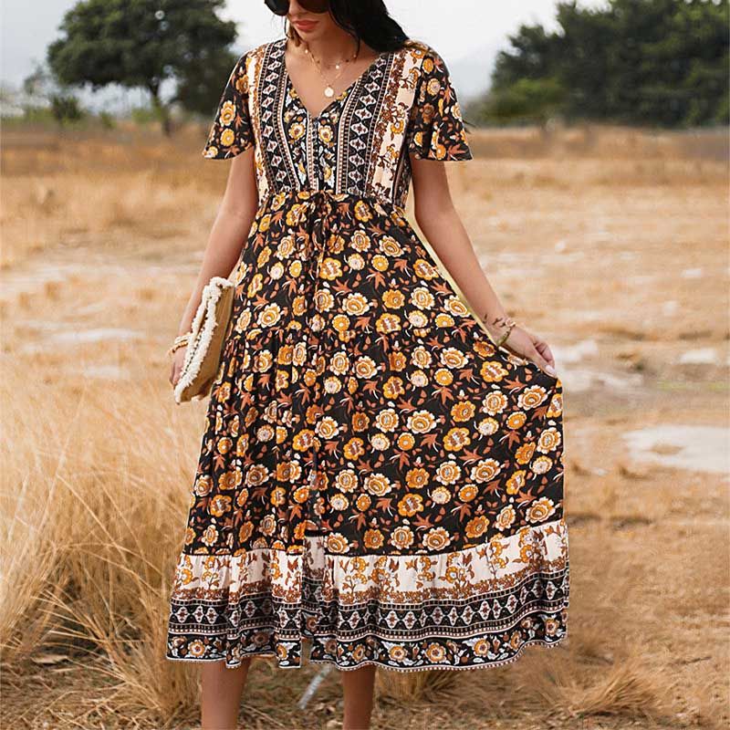 Compra Rancho Europeo De Vacaciones Estilo De Ocio Primavera / Verano 2021  Temperamento Elegante Péndulo Vestido Con Cuello En V Estampado Ropa De  Mujer Barato | Entrega Rápida Y Calidad | Es.Dhgate