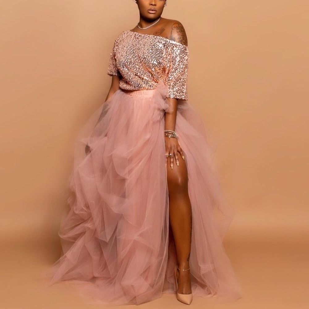 High Slit Maxi Tutu Skirt Mauve Ruffles 