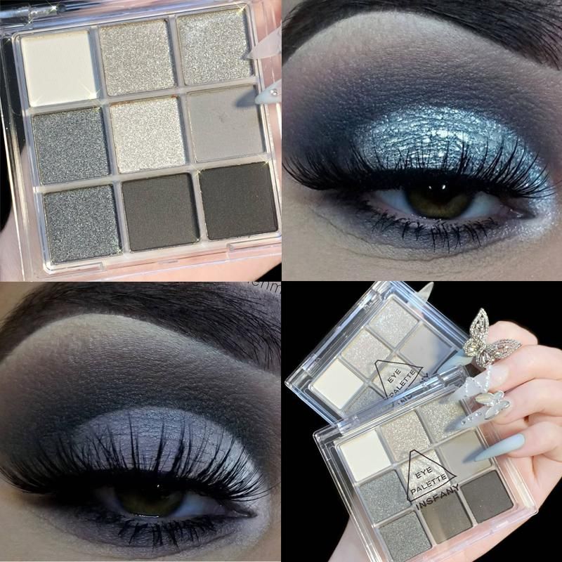 Black Smokey Eyeshadow Palette 9 Colors Cool Toned Matte Glitter
