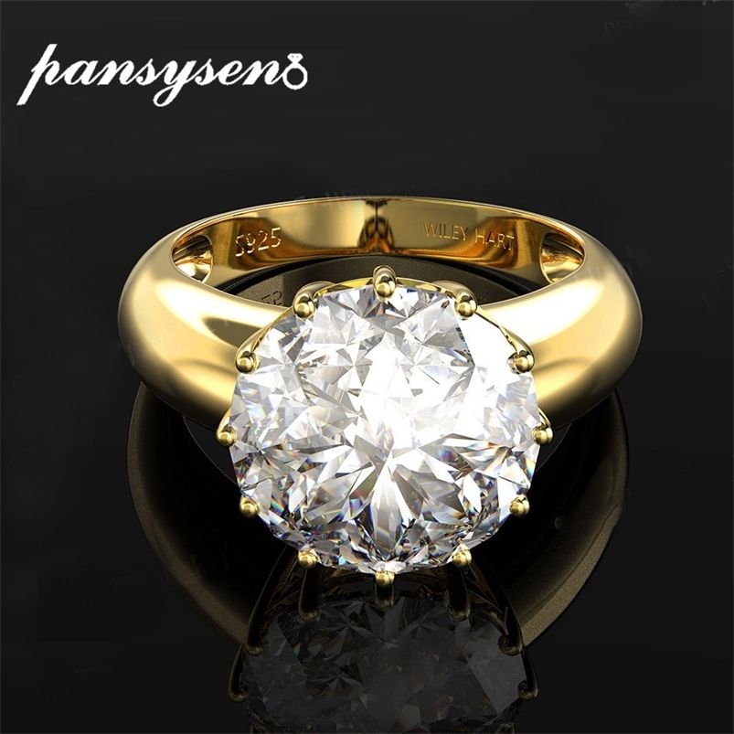 Pansysen 12 мм круглые высочайшее качество драгоценные камня золото цвет роскошные женские обручальные кольца 925 стерлингового серебра ювелирное кольцо 210701