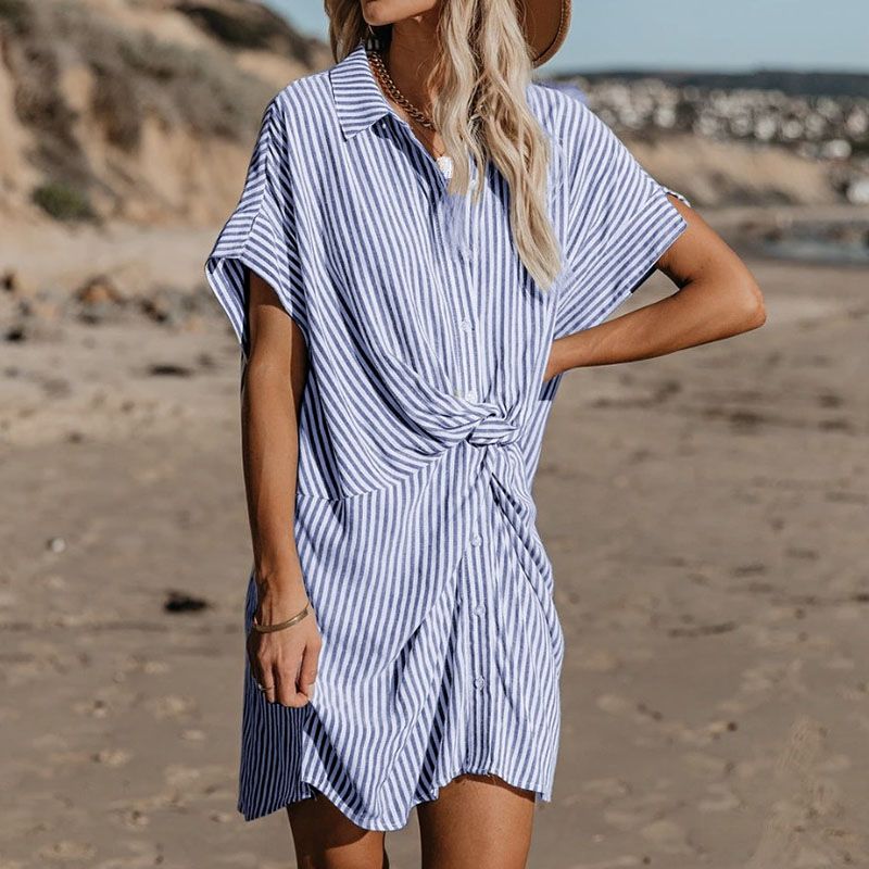Cuatro golondrina restante VERANO SUNDRESS Botón Impreso Mujeres Casual Vestidos Sueltos Vestidos Polo  Camisa de manga corta de Polo