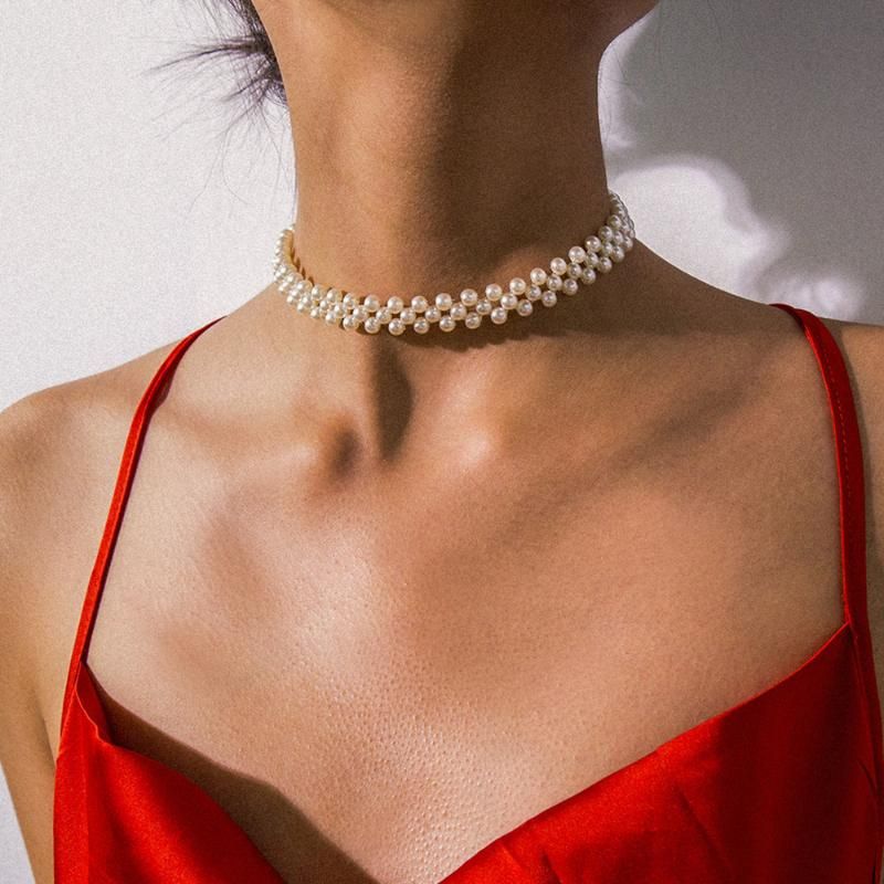Chokers Diezi Doble Capa de doble Pearl Gargantilla Collar de Gargantillas Moda Coreano Collares cortos