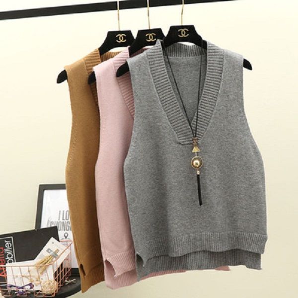 V Neck Knit Vest Womens Sweater Autumn 