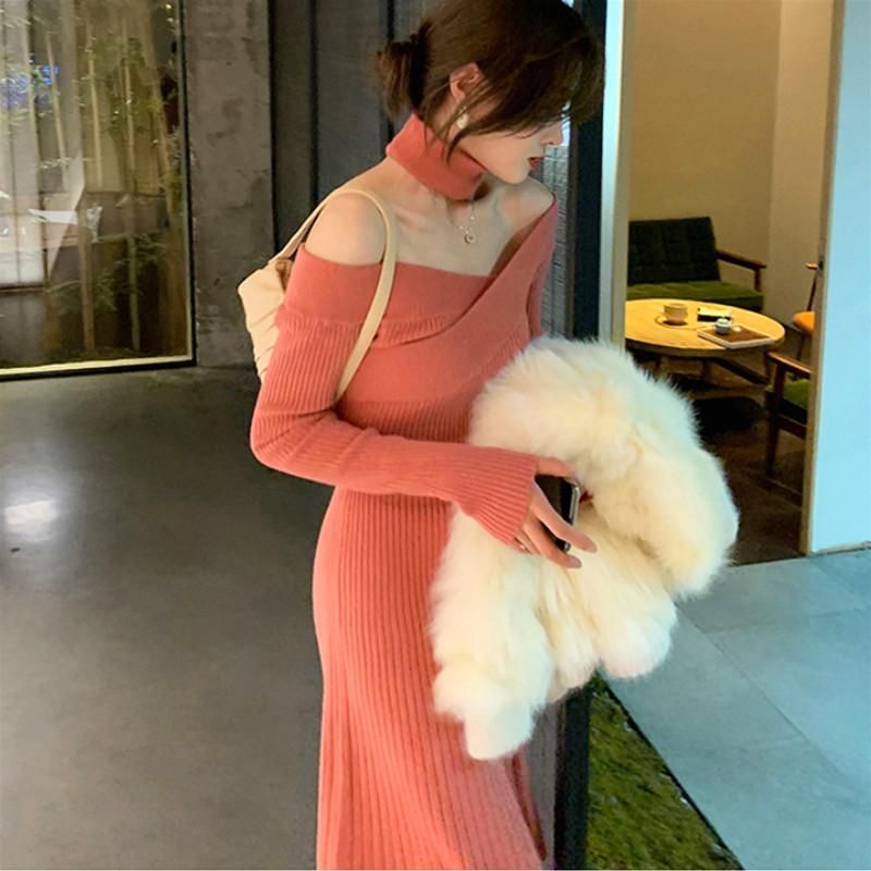Casual Dresses Winter Knitted One Piece Dress Female 21 Solid Slim Elegant Women Korean Long Sleeve Office Sweater From Hongshaoro 24 95 Dhgate Com