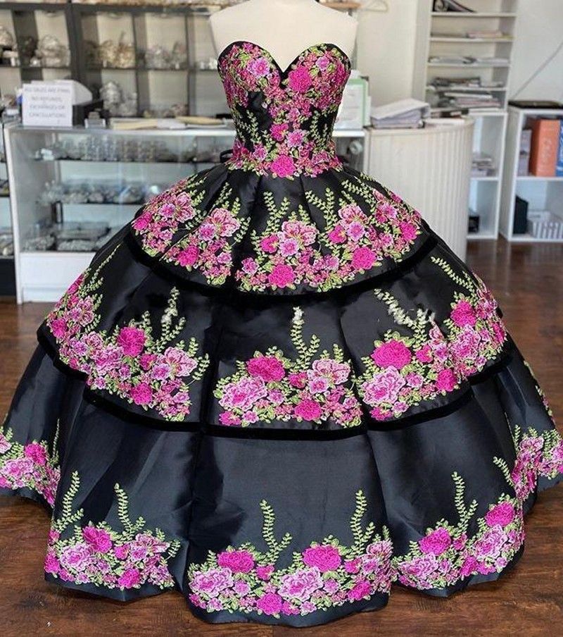 Sexy Black Quinceañera Vestidos Mexicano 2022 3D Flores Florales Off Hombro Charro PROM Formal Vestido Bola Sexy Black Quinceañera Vestidos Mexicano 2022 3D Flores Florales Off Hombro Charro PROM Formal Vestido Bola