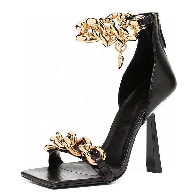 Sandals 2021 Spike High Heel Metal Chain Women Square Toe Narrow Band