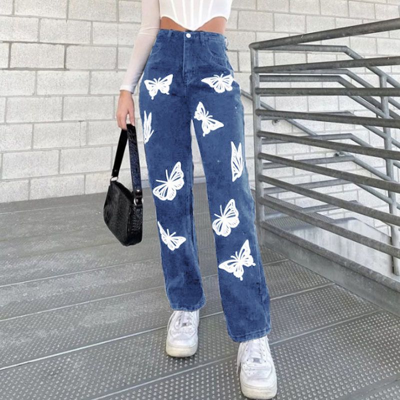 Compra 2021 Nueva Moda Blanco Patrón De Mariposa Denim Joggers Mujeres High  Cintura Pantalones Casual Jeans Largos Pantalones De Carga 86di Barato |  Entrega Rápida Y Calidad | Es.Dhgate