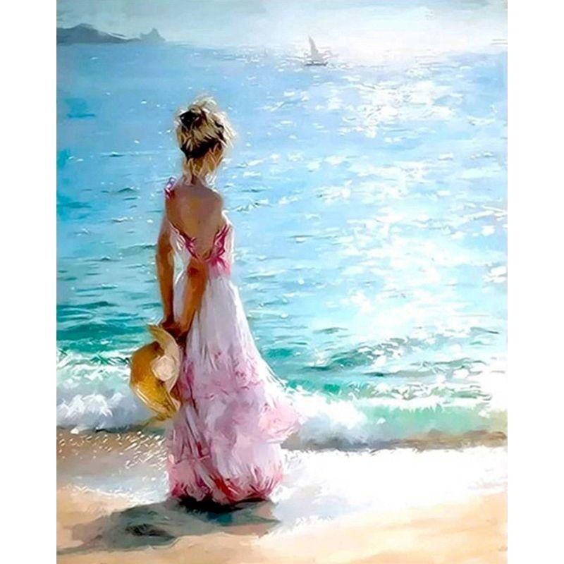 niña al óleo por número conjunto DIY Coloring Números Seaside a mano Pinturas