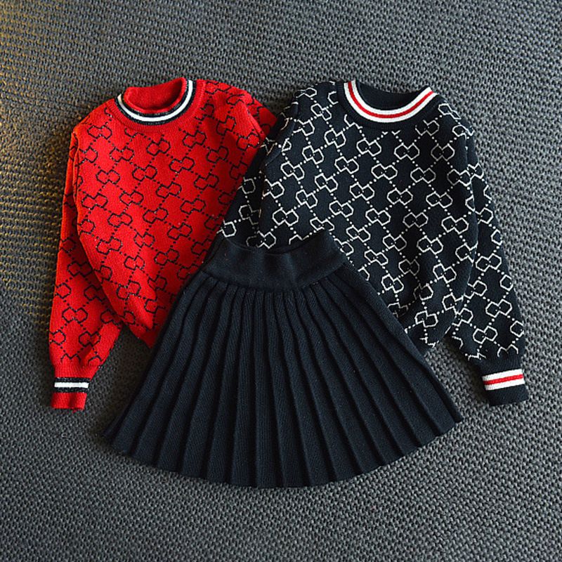 Fashion Girls Ropa de invierno Conjuntos manga larga camisa suéter de punto + Falda