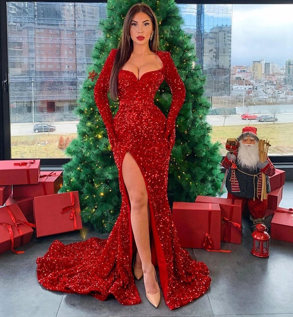 Women 2021 Long Sleeves Red Sequin Prom 