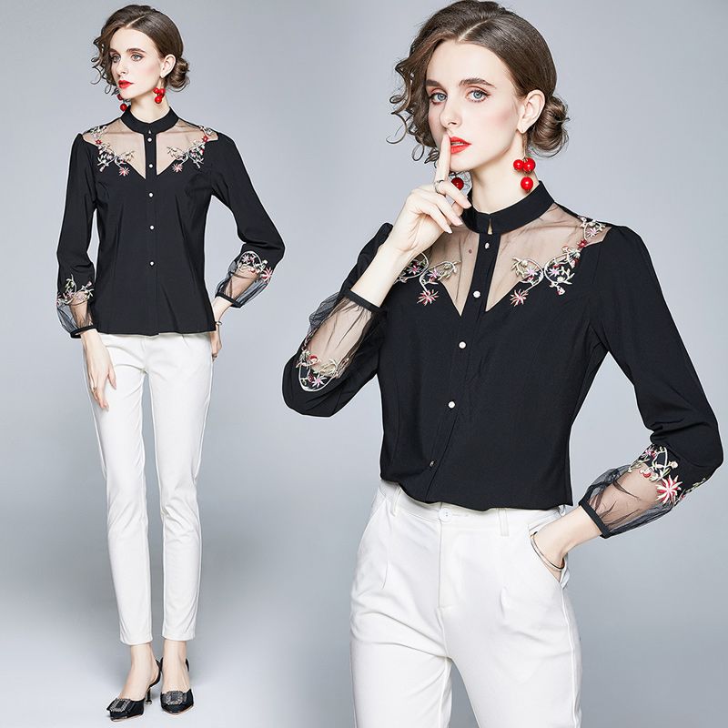 Compra 2021 Bordados De Lujo Blusas Negras Sexy Hollow Out Ladies Runway  Designer Camisa De Manga Larga Casual Mujeres Slim Oficina Hermosas Botones  Elegantes Tops Primavera Otoño Barato | Entrega Rápida Y