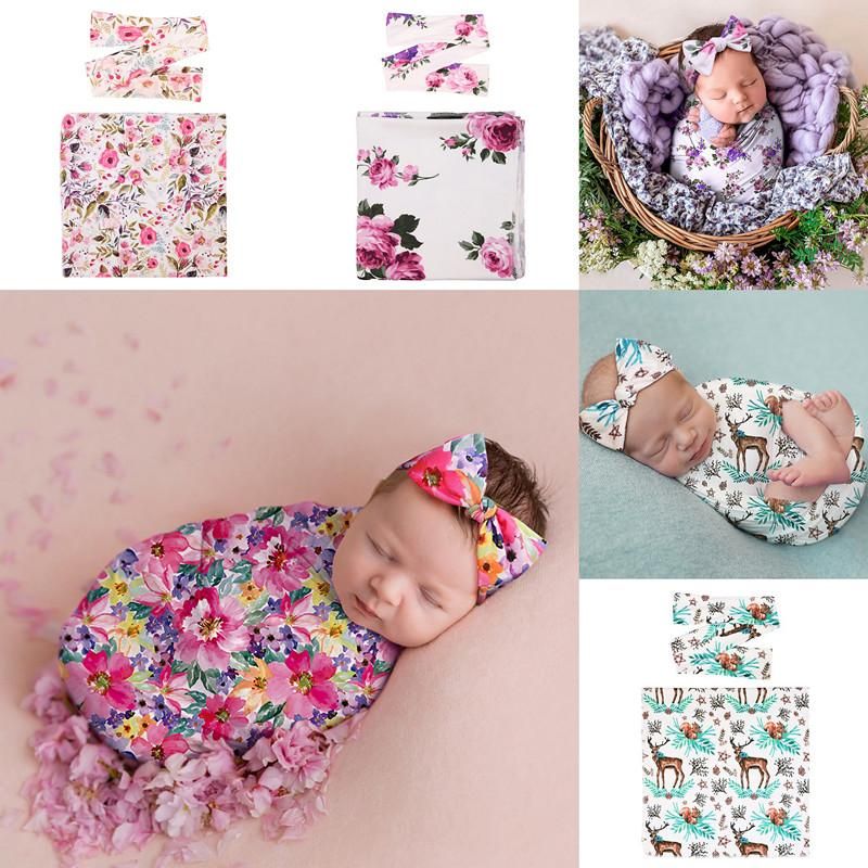 Newborn Baby Infant 2Pcs Floral Blanket Headband Swaddle Wrap Sleeping Bag 