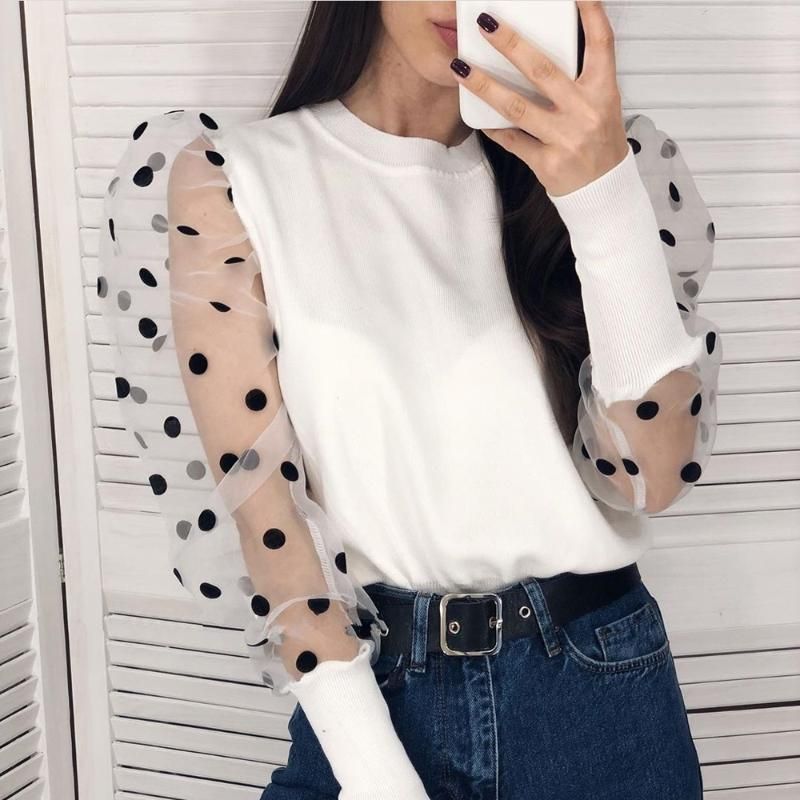 Blusa de malla transparente moda 2021 Nuevo elegante delgado lunares de lunares tops de manga