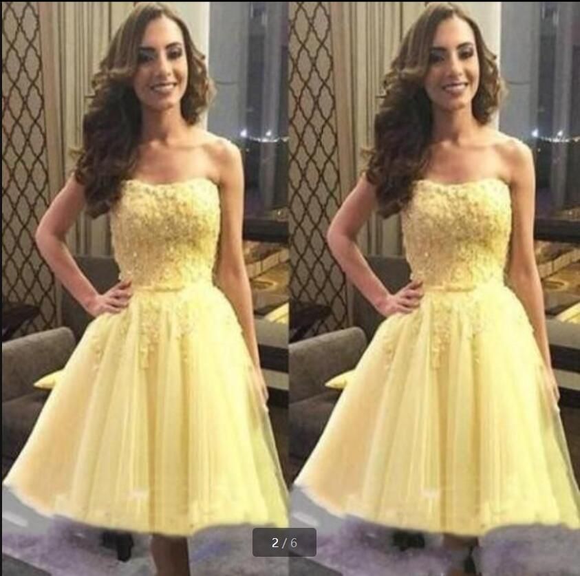 2021 nueva llegada de tul amarillo corto una línea vestido de fiesta sin tirantes cariño escote 2021 nueva llegada de tul amarillo corto una línea vestido de fiesta sin tirantes cariño escote