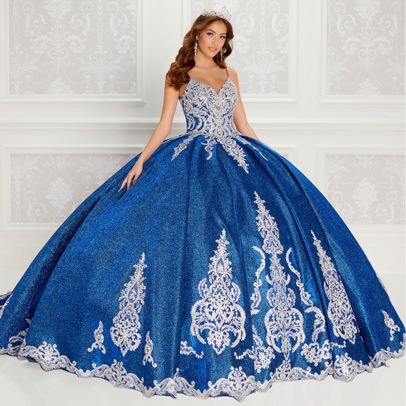 Royal Blue Ball Ball Vestido Quinceañera Vestidos Spaghetti Straps  Spaghetti Cuello Cuello Dibujos Animales Plazo Apliqueado