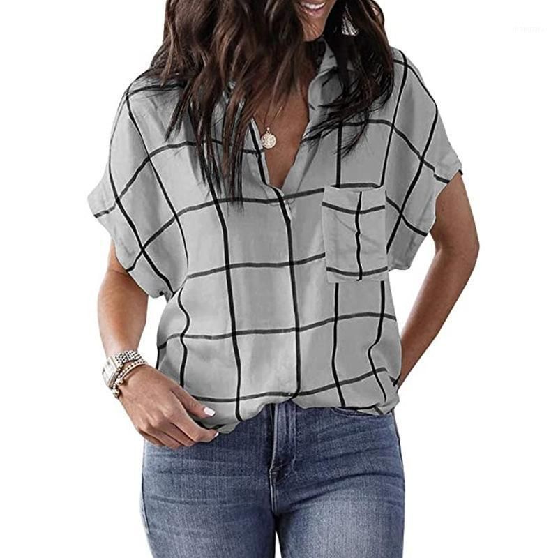 Camiseta para mujer 2021 camisas de mujer verano con v plaid impreso camiseta de