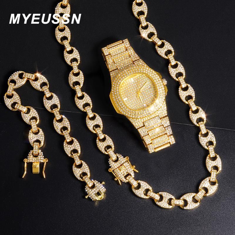 Chains Iced Out Watch Men Cuban Link Necklace Pig Nose Chain Men's Jewelry Gold Color Bracelet Set Holiday Gift