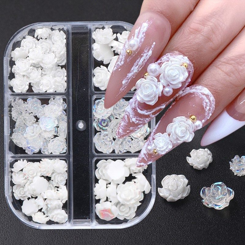 White Pink 3d Acrylic Flower Nail Charms With Pearl Golden Caviar Beads  Nail Art Accessories Nail Designs