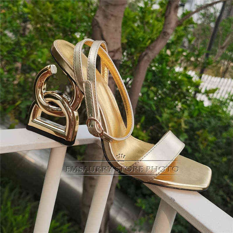 Novelty Letter Strange Heel Sandals Women Summer One Strap Genuine