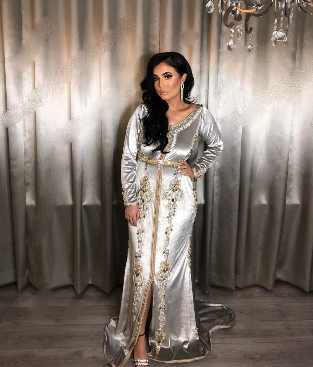 Compra 2022 Silver Marroquí Kaftan Vestido De Noche Musulmán Vintage Manga  Larga Apliques Arabe Arábiga Argelino Formal Vestido De Fiesta A Medida  Barato | Entrega Rápida Y Calidad | Es.Dhgate