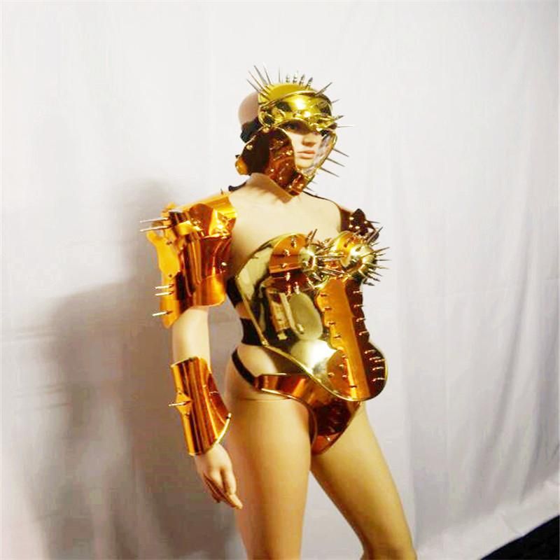 Оформление партии KS76 Золотые зеркальные доспехи наряда CATWALK Выполните носить заклепки головной уборной ступеньки костюмы бальные танцевальные шоу-боди робот