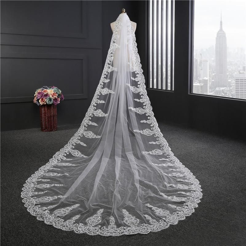 Bridal Veils NZUK Bling Sequins Lace Wedding Veil Long Soft Tulle With Comb One Layer Crystal Beaded For Bride Accessories
