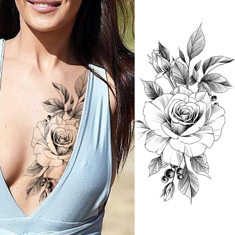 Temporary Tattoos DIY Flower Sticker Waterproof Pencil Sketch Rose Tattoo  Women's Fashion Body Art Drawing Chest Tatoo For Adult