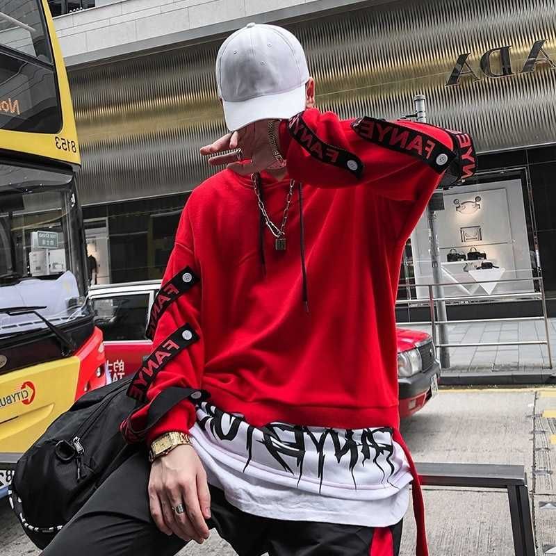 Cool hombres con capucha Streetwear Hood Sudadera con capucha Negro Rojo Mangas largas Hip