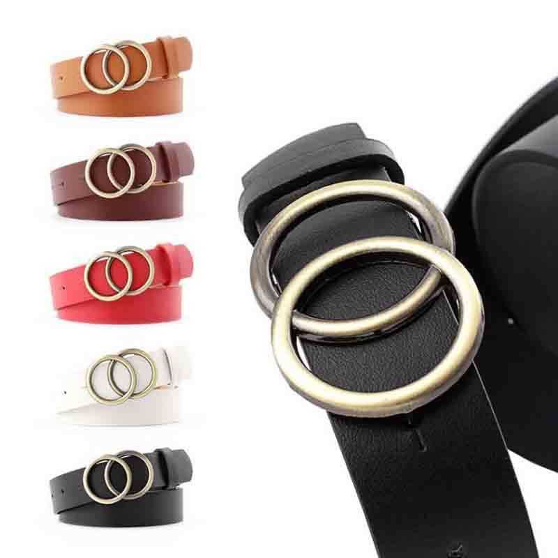 Cinturón de moda con doble anillo para mujer de cuero PU con hebill 