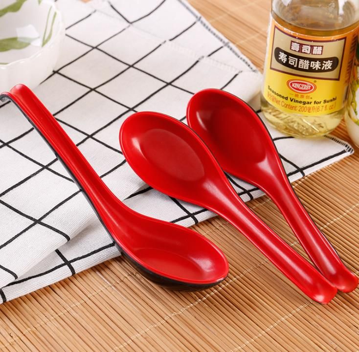 Red and Black Melamine Japanese Long Handle Spoons for Ramen