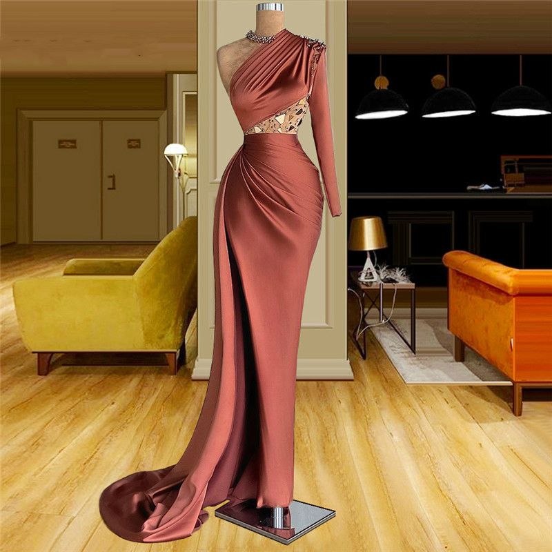 Elegant One Shoulder Crystal Long Mermaid Prom Party Dresses 2021 Plus Size  Dubai Arabic Evening Dress
