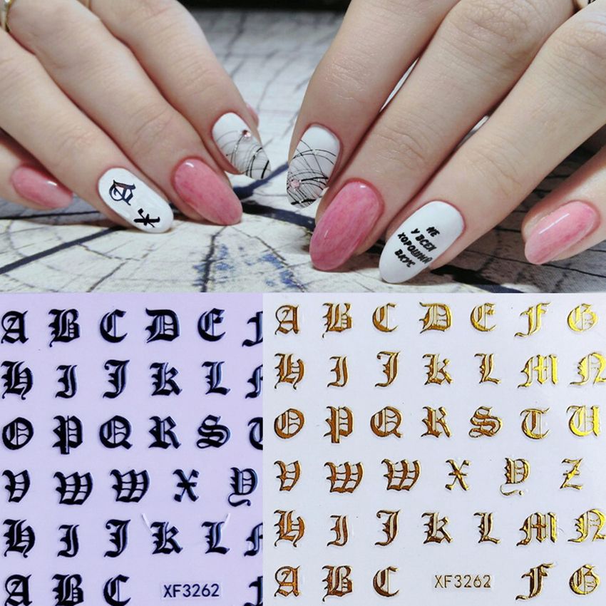 Láser 3d oro uñas arte pegatinas del alfabeto holográfico letras Palabras 8  colores autoadhesivo DIY encanto