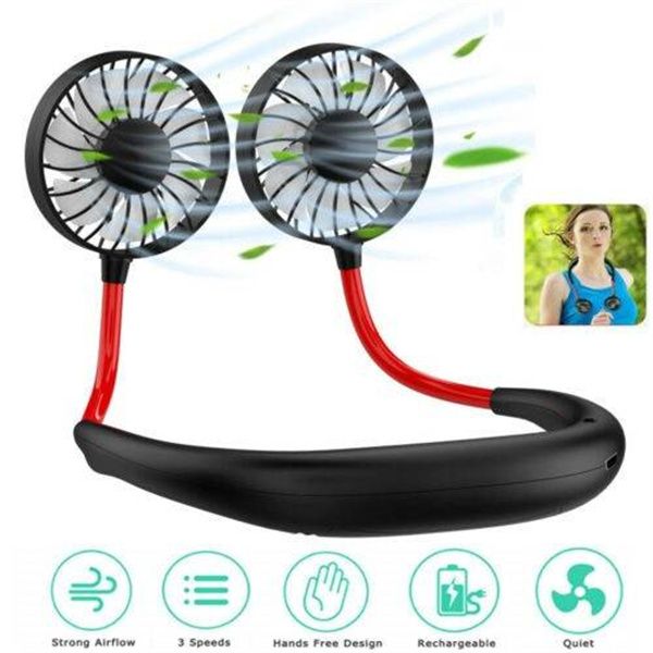 [USA stock]Electric Fans Portable USB Rechargeable Neckband Dual Cooling Mini Fan Lazy Neck Hanging