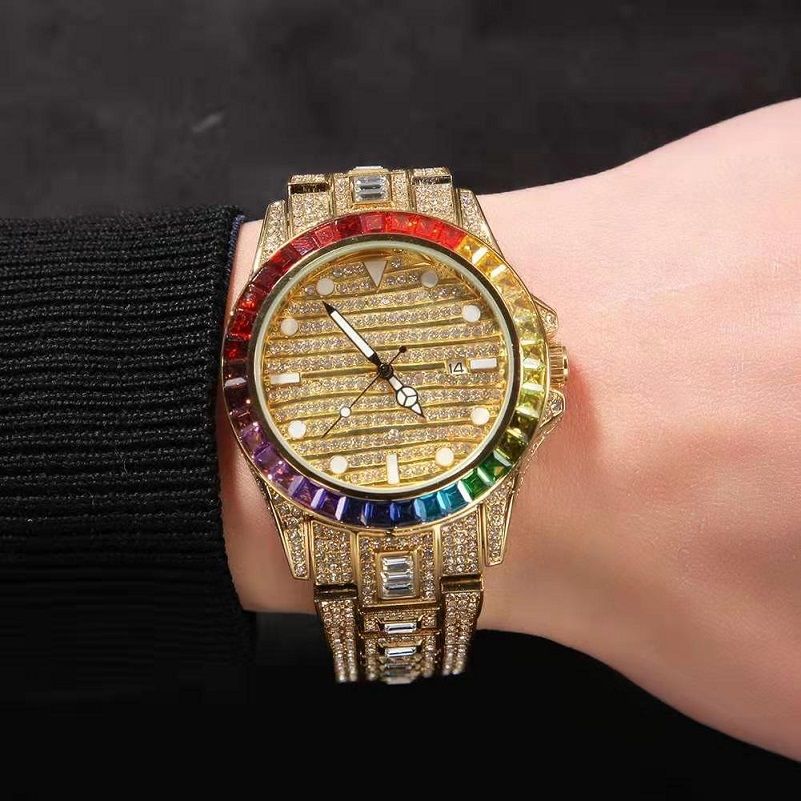 Koop Dropshipping Horloges Online, Goedkopeiced Out Polshorloge Voor Mannen  Luxe Ontwerper Heren Bling Kleurrijke Diamant Quartz Horloge Hiphop Goud  Zilver Rose Gouden Sieraden Horloges Cadeau Bij Gracezhangsstudio |DHgate