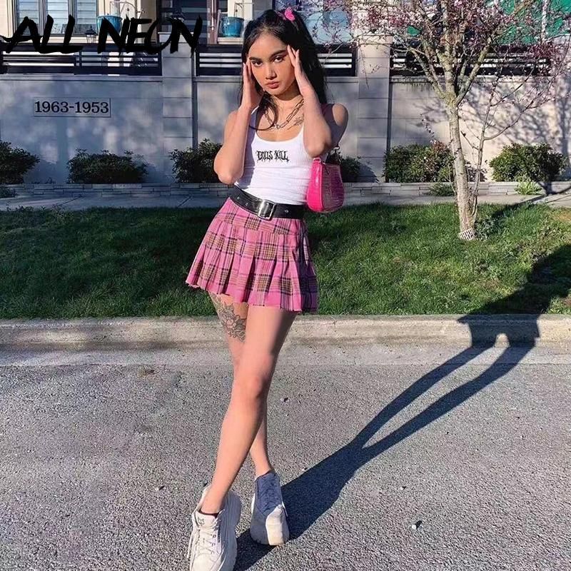 Faldas allneon Pastel Goth Pink Plised Pleated Y2K Aesthetics Alto Cintura Línea Falda