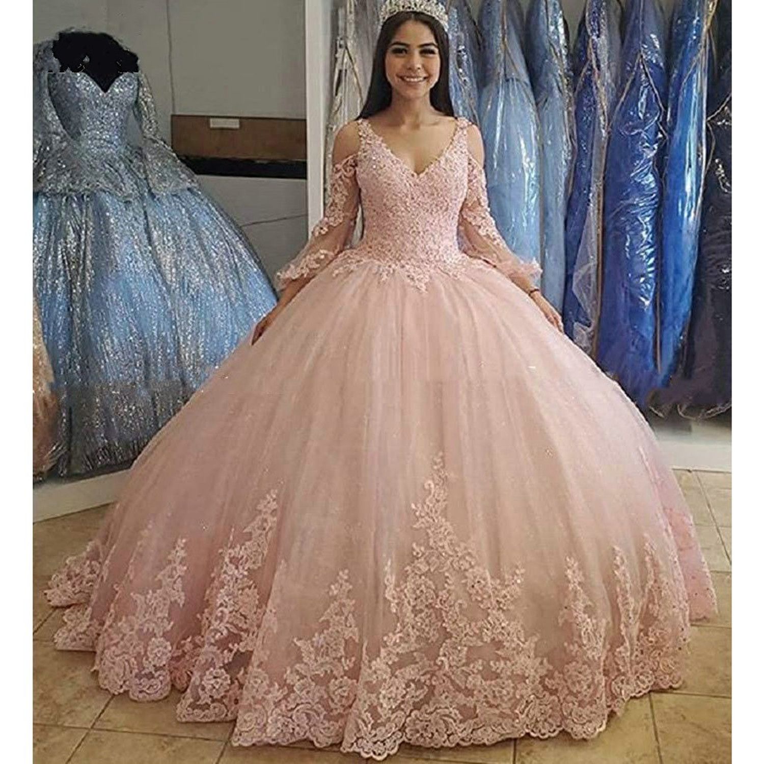 Mangas largas Vestidos de quinceañera para 15 partidos Applique Piso-Longitud Princesa Vestidos de